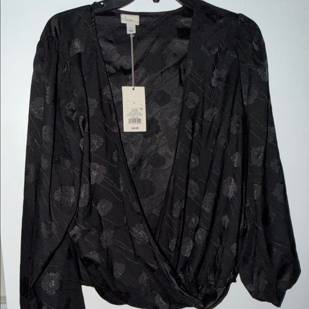 A New Day Black Floral Wrap Blouse